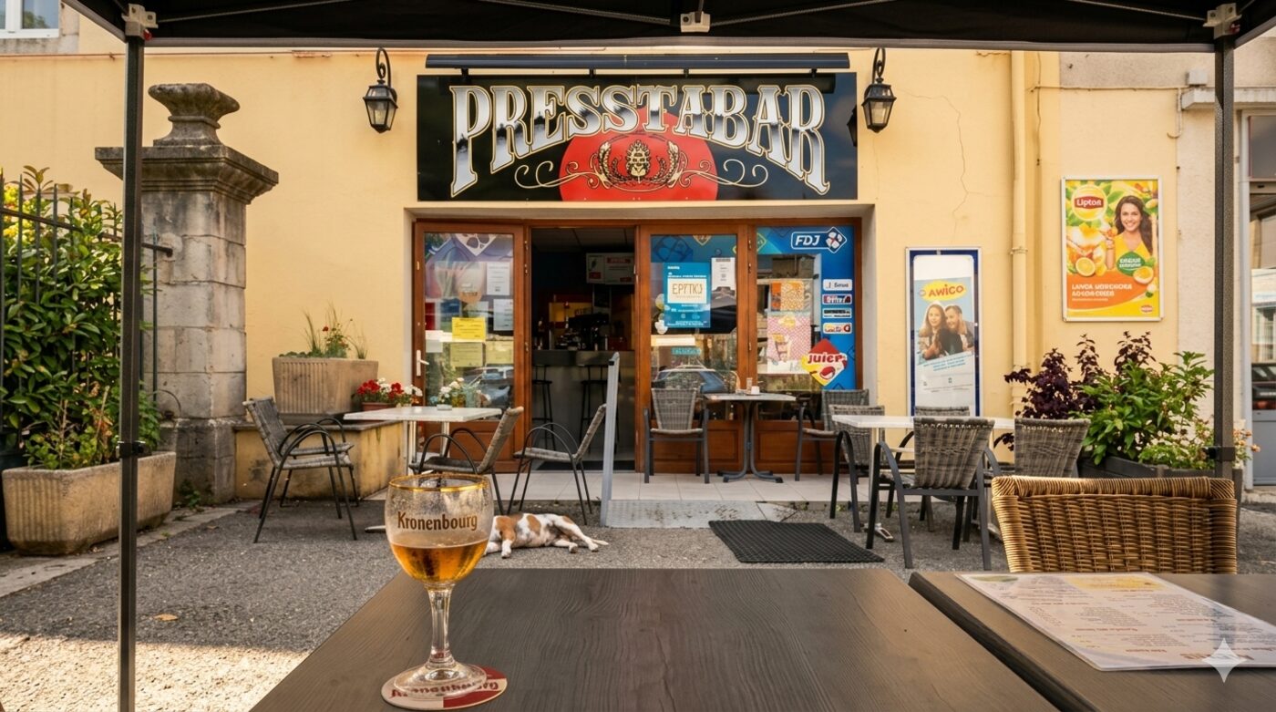 Terrasse du Presstabar avec vue sur la rue, biere Kronenbourg et chat