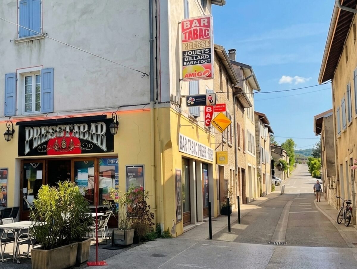 Vue de la rue et enseigne du Presstabar